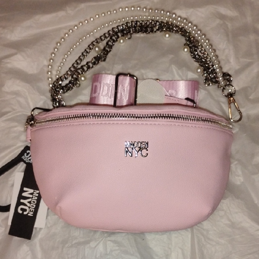 Steve Madden Pink Mini Crossbody Belt Bag with Chain & Pearl Straps - Picture 1 of 8